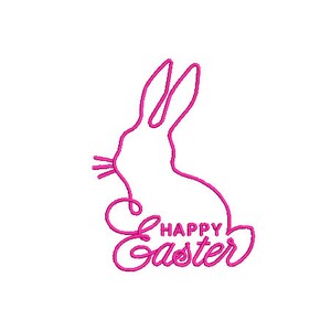 May include: A bright pink machine embroidery design featuring the continuous line outline of a rabbit silhouette with long ears and whiskers, positioned above the text HAPPY EASTER written in a cursive, connected script font style.