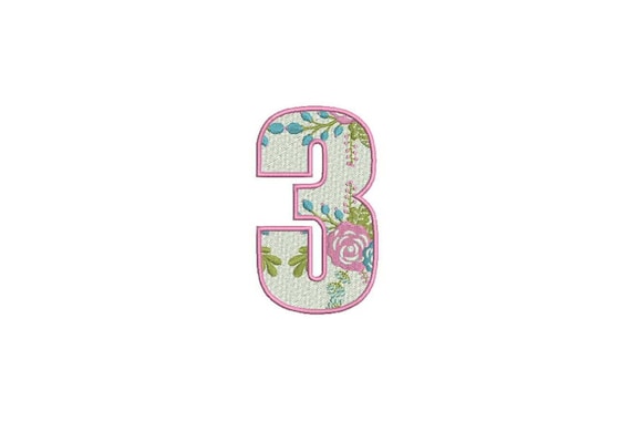 Number 3 - THREE - Floral - Third Birthday-  Machine Embroidery File design - 4x4 hoop - embroidery design - Instant download