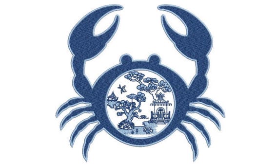 Blue Willow Chinoiserie Crab - Machine Embroidery File design -  8x8 inch hoop - Chinoiserie Embroidery