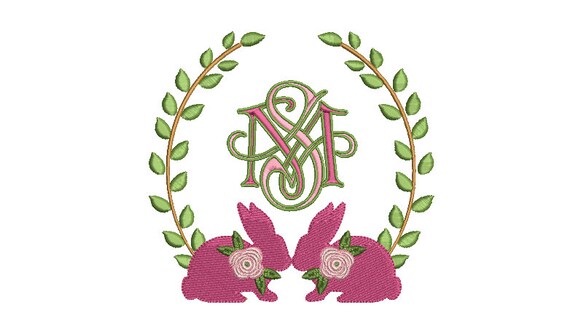 Machine Embroidery Pink Laurel bunny - Monogram Frame -Embroidery File design - 5x7 inch hoop