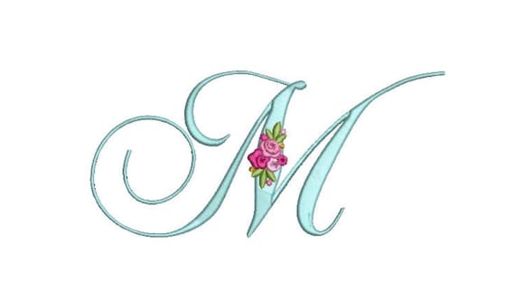 Pretty Rose Script LETTER M  Machine Embroidery File design - 6 x 10 inch hoop - Monogram design