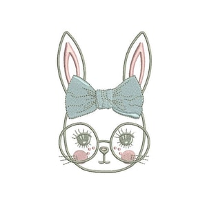 May include: Embroidered design of a bunny wearing glasses and a blue bow. The bunny has pink cheeks and eyelashes.
