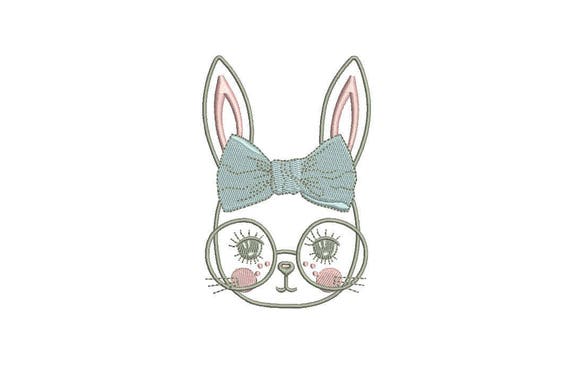 Machine Embroidery - Bunny with Glasses & Bow - Embroidery File design - 4x4 inch hoop