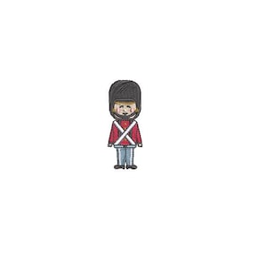 Könnte beinhalten: Eine Cartoon-Illustration eines Spielzeugsoldaten, der eine rote Uniform, einen schwarzen Hut und weiße Kreuzgurte trägt. Der Soldat hat einen hellbraunen Bart und ein Lächeln.