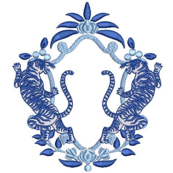 Disegno per ricamo con stemma di tigre - File per ricamo a macchina in stile Chinoiserie - Telaio 5 x 7 pollici - Download immediato