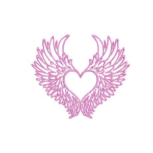 May include: Pink outline of a heart with wings on either side. The wings are detailed with feathers.