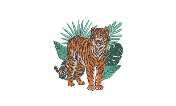 Tiger Palms Machine Embroidery File design - 4x4 inch hoop - Chinoiserie Embroidery Design - Tiger Design Download