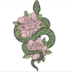 May include: An embroidered patch featuring a green snake with a textured scale pattern coiled around two large, light pink peony flowers with green leaves. The design is rendered in detailed thread work against a plain white background.