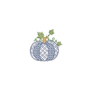 May include: An embroidered pumpkin design featuring a blue and white cross-hatched plaid pattern. The pumpkin has a tan stem and two green leaves with curling vines extending from the top, rendered in a detailed machine embroidery stitch style.