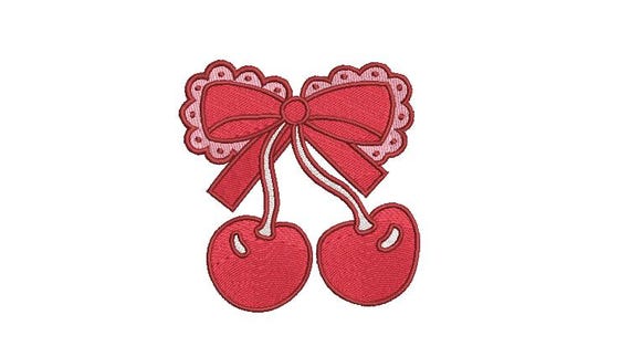 Lace Ribbon Bow Cherries Embroidery Design - Machine Embroidery Instant Download File - Cherries Coquette Bow - 4x4 inches