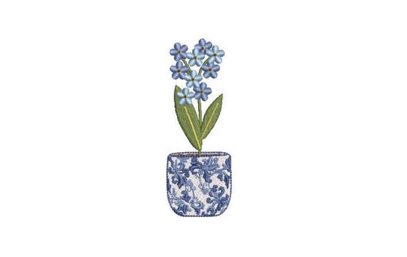 Chinoiserie Forget Me Not Embroidery - Hamptons Pot Plant - Machine Embroidery File design - 4 x 4 inch hoop - Instant Download