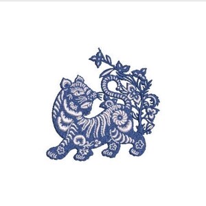 May include: A blue and white embroidered patch featuring a stylized tiger standing in profile. The tiger has intricate swirling patterns throughout its body and is positioned next to a leafy floral branch with small blossoms extending upward.