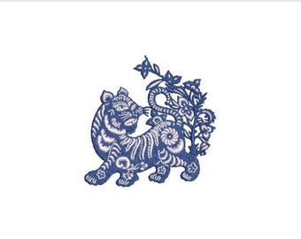 Chinoiserie Flowers Tiger Machine Embroidery File design - 4x4 inch hoop - Chinoiserie Embroidery Design