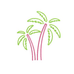 May include: A line drawing of two palm trees with pink trunks and green leaves.