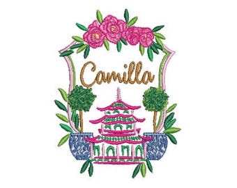 Pagoda Embroidery Design - Crest Design - Chinoiserie Chic Design - 4x4 inch hoop - Machine Embroidery Design