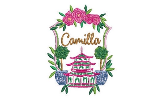 Pagoda Embroidery Design - Crest Design - Chinoiserie Chic Design - 4x4 inch hoop - Machine Embroidery Design