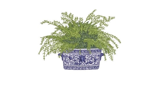 Chinoiserie Silk Fern -  Hamptons Pot Plant - Machine Embroidery File design - 5x7 inch hoop - Instant Download