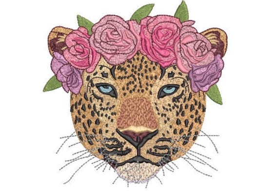 Leopard Flower Crown Machine Embroidery File design - 6x10 inch hoop - Leopard Face - instant download