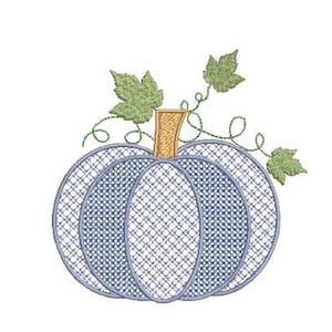May include: An embroidered pumpkin design featuring a blue cross-hatch pattern on its segments, a tan stem, and green leaves with curling vines. The stitching creates a textured appearance across the rounded shape of the pumpkin.