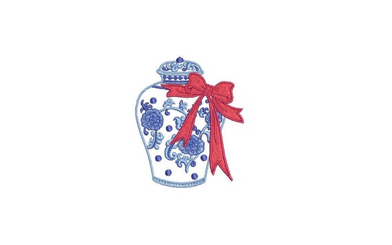 Chinoiserie Chic - 3 inches tall Little Ginger Jar With Bow - Machine Embroidery File design - 4x4 hoop