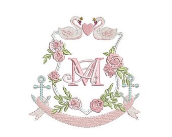 Swan Rose Crest - Machine Embroidery File design - 5x7 inch hoop - Monogram Frame - Swan Embroidery