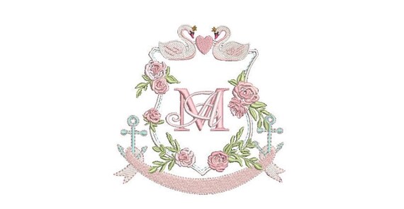 Swan Rose Crest - Machine Embroidery File design - 5x7 inch hoop - Monogram Frame - Swan Embroidery