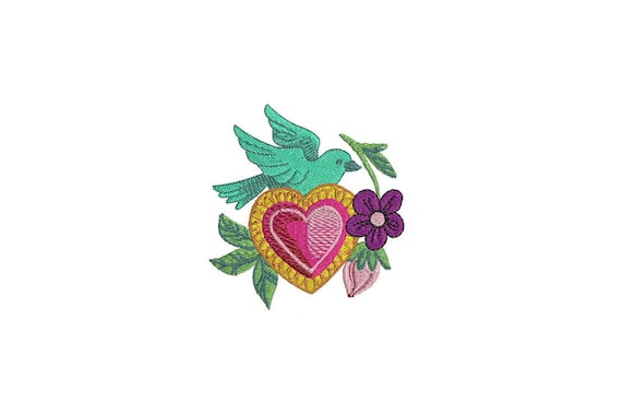 Bird & Heart Mexican Folksy Machine Embroidery File design 4 x 4 inch hoop - instant download