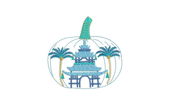 Chinoiserie Chic Pagoda - Pumpkin Machine Embroidery design - 5x7 hoop - instant download