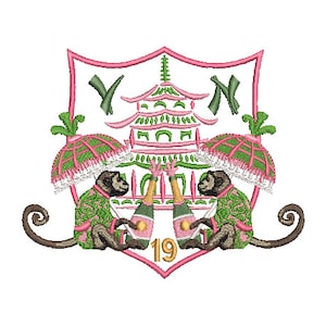 Chinoiserie Chic Machine Embroidery Design  - Monkey Pagoda Parasol Champagne Crest - 5x7 hoop - sideways