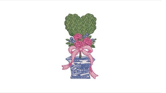 Chinoiserie Heart Topiary Bouquet Tree Embroidery Design - Bouquet Bow Machine Embroidery File design - 4 x 4 inch hoop - Instant Download