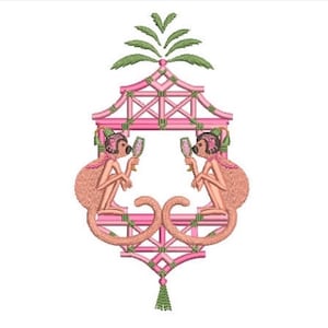 May include: An embroidery design featuring two light pink monkeys facing each other, each holding a small glass. They are framed by a pink bamboo-style structure topped with green palm leaves and finished with a green tassel at the bottom.