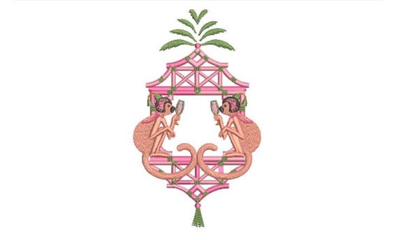 Chinoiserie Chic Monkey Bamboo Pagoda Frame Machine Embroidery File design 5x7 hoop
