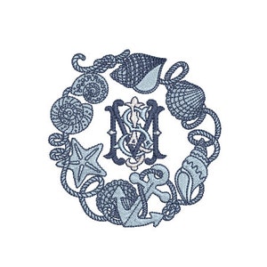 Blue Shell Nautical Wreath Machine Embroidery File design  - 4x4 inch hoop - instant download - Seashell embroidery design