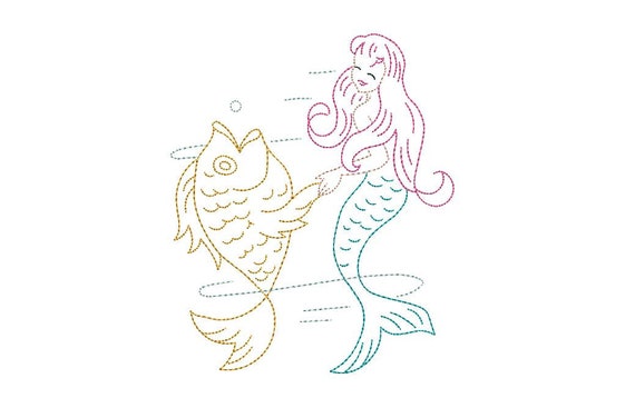 Mermaid & Fish Machine Embroidery File design - 5x7 hoop -  instant download