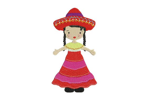 Mexican Folksy Girl Machine Embroidery File design 5 x 7 inch hoop - instant download