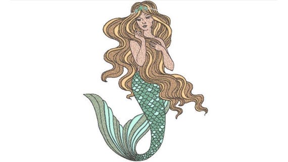 Mermaid embroidery Design - Mermaid Machine Embroidery File design - 8x12 inch hoop - Seafoam