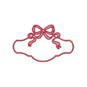 May include: A pink embroidered design featuring a bow and a scalloped frame. The bow is at the top center, with flowing ribbons. The frame is a light pink outline, perfect for embroidery projects or embellishments.