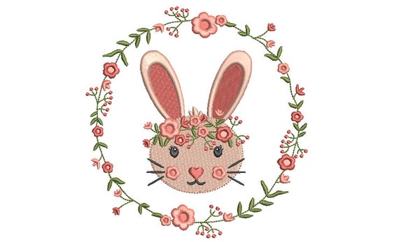 Peach Bunny Wreath  - Machine Embroidery File design 5 x 7 inch hoop - Easter Embroidery Design