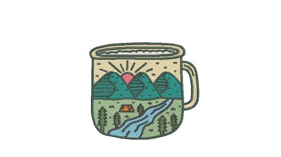 Camping Mug Embroidery Design - Hiking Embroidery Design -  Machine Embroidery File design 4 x4 inch hoop