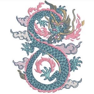 May include: An embroidered design featuring a teal dragon with a long, winding body forming an S-shape. The dragon has gold horns, a pink snout, and sharp claws. It is surrounded by stylized pink and light blue clouds and wisps of pink flame.