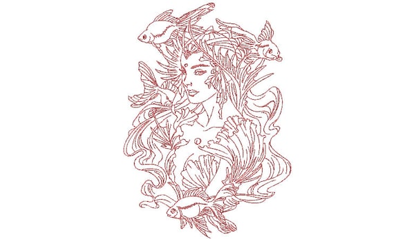 Mermaid Machine Embroidery Design - 8x12 inch hoop -  instant download - Redwork Mermaid