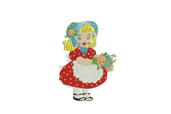 ITH Whimsical Vintage Red Dress Bonnet Girl Machine Embroidery File design 5x7 inch hoop - in the hoop applique