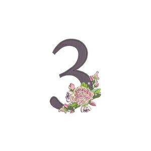 Number 3 - THREE - Bouquet - THREE Birthday-  Machine Embroidery File design - 4x4 hoop - embroidery design