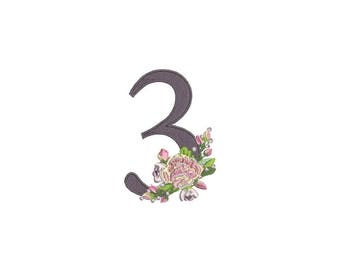 Number 3 - THREE - Bouquet - THREE Birthday-  Machine Embroidery File design - 4x4 hoop - embroidery design