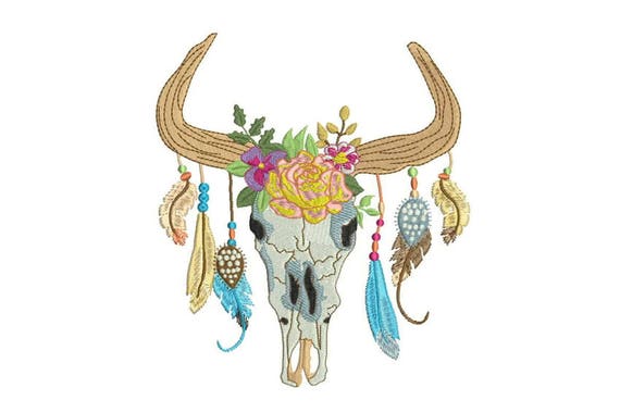 Machine Embroidery Boho Gypsy Skull With Feathers Bohemian Machine Embroidery File 6x10 hoop