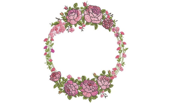 Pink Green Floral - Wreath Machine Embroidery File design 5x7 inch hoop - monogram frame - instant download