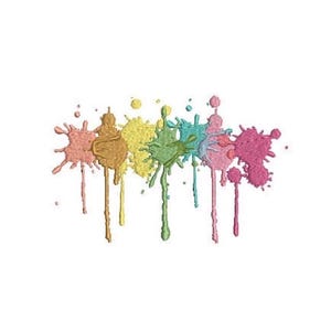 May include: An embroidered patch featuring a horizontal row of colorful paint splatters in shades of peach, gold, yellow, light green, turquoise, light pink, and magenta, with vertical drips extending downward from each individual splatter shape.