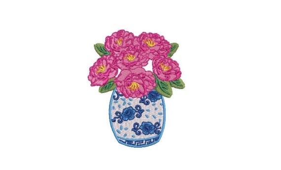 Chinoiserie Vase with Flowers - Machine Embroidery File design - 4x4 hoop - Chinoiserie Chic Embroidery Design