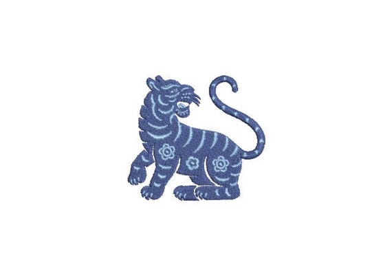 Blue Flower Tiger Machine Embroidery File design - 4x4 inch hoop - instant download - Chinoiserie Embroidery Design