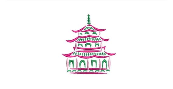 Pagoda Embroidery Design - Painted Pagoda - Chinoiserie Chic Design - 4x4 inch hoop - Machine Embroidery Design